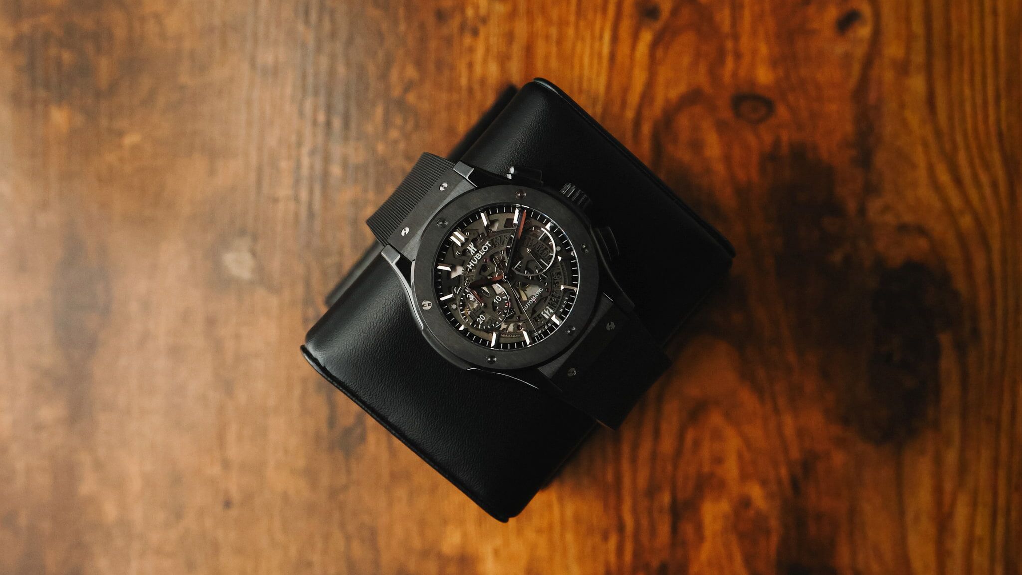 Hublot Classic Fusion Aerofusion Ceramic Skeleton chronograph on black rubber strap